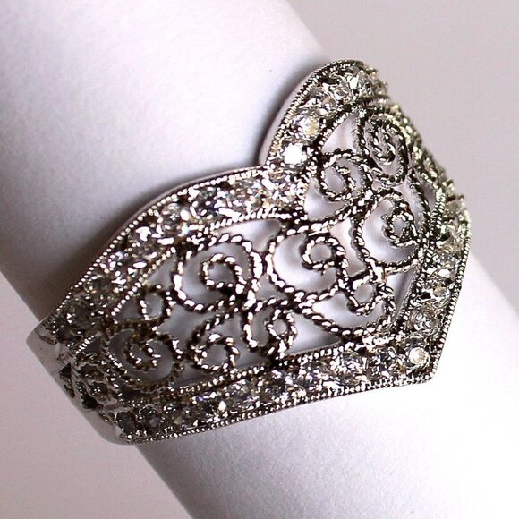 Filigree Love Heart Shaped Cz Scrolled Design Band Silver Tone Brass Ring Size 8 - Picture 4 of 11